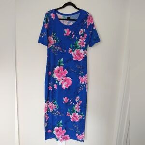 Pink Floral on Blue Overlay Maxi Dress by GILI Split Side Short Sleeve Small